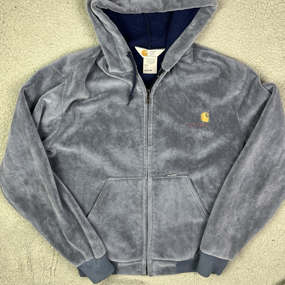 VTG Carhartt Jacket Mens M Gray 763 Velour Full Zip Hoodie Sweatshirt USA 90s